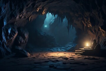 A mysterious, dark cave with a glowing, illuminated wall, perfect for writing stories and secrets. Nature