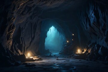 A mysterious, dark cave with a glowing, illuminated wall, perfect for writing stories and secrets. Rock - Powered by Adobe