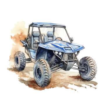 A watercolor painting of an utv, offroad blue car with mud adventure illustration.