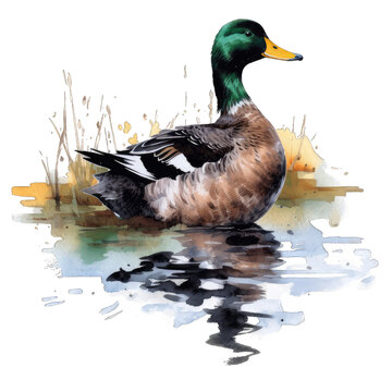 Duck on lake isolated on a white background. Hand drawn watercolor art.
