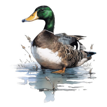 Duck on lake isolated on a white background. Hand drawn watercolor art.