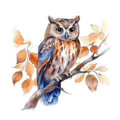 A watercolor painting of an owl sitting on a branch