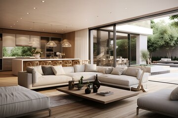 A contemporary home with simple lines, stylish furniture, and a neutral color scheme, highlighting an open-plan living area connected to a large kitchen, filled with natural light. Generative AI
