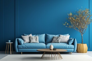 Fototapeta na wymiar Contemporary lounge and living room with stylish blue wall backdrop. Generative AI