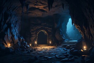 A mysterious, dark cave with a glowing, illuminated wall, perfect for writing stories and secrets. Cave