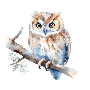 A watercolor painting of an owl sitting on a branch