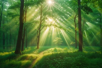 Fototapeta na wymiar Beautiful rays of sunlight in a green forest. landscape