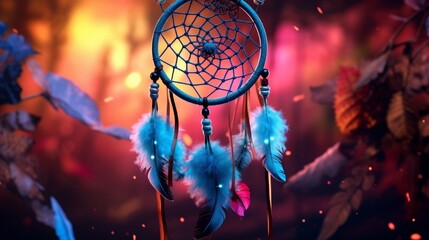 Realistic hyper realism dream catcher full landscape background micro details neon vibrant colorful4k, high detailed, full ultra HD, High resolution - obrazy, fototapety, plakaty