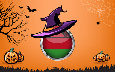 malawi round flag with Happy Halloween banner or party invitation background. bats, spiders and pumpkins, orange background