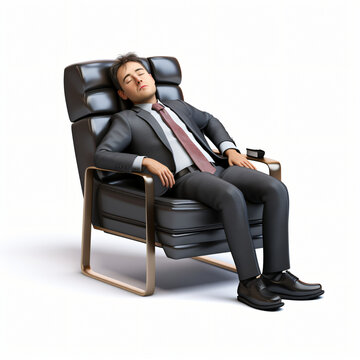 3d cartoon businessman sleeping in office chair isolated on white background