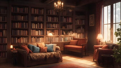 Obraz premium cozy living room with bookshelves