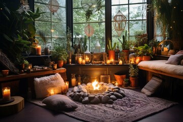 Cozy space with candles, crystals, herbs, plants, incense, and aromatherapy for alternative medicine and esoteric practices. Generative AI