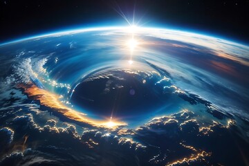 blue sunrise, view of earth from space, sky