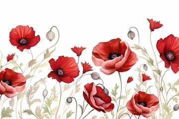 Floral border with watercolor poppies and leaves on white. Perfect for cards, weddings. Botanical illustration. Generative AI