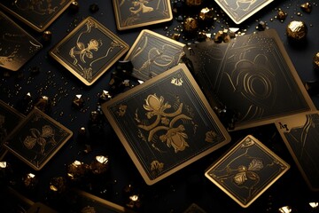 Elegant banner showcasing black and gold playing cards on a creative backdrop, ideal for online gambling enthusiasts and card game players. Generative AI - obrazy, fototapety, plakaty