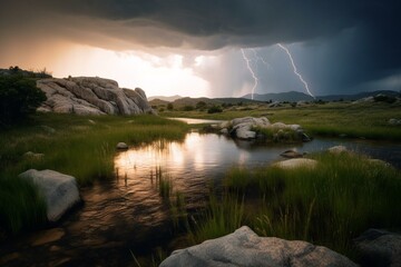 A storm approaches over a river with lightning above, while a small lake with rocks and grass lies in the foreground. Generative AI