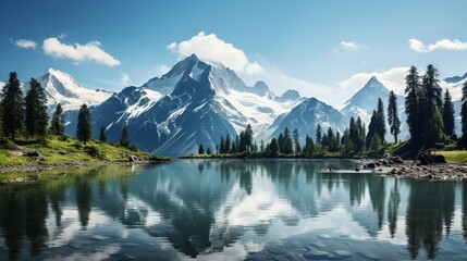Naklejka na ściany i meble a mountain range is reflected in the water of a lake. generative ai
