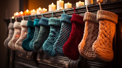 Close-up shot of Christmas Socks hanging on the Fireplace with a row of colorful. Socks for gifts in a festive interior. Merry Christmas and Happy New Year concept