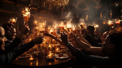 Elegant party goers toasting with champagne flutes set - obrazy, fototapety, plakaty