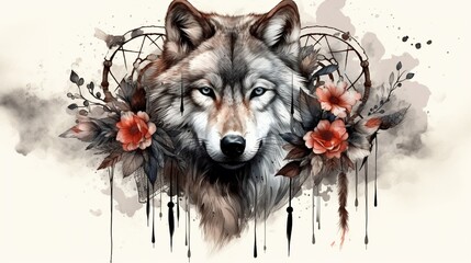 tattoo wolf with flowers and dream catcher4k, high detailed, full ultra HD, High resolution
