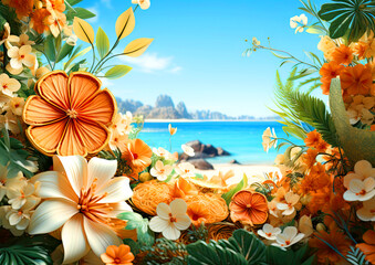 Tropical summer background with flowers and sea - obrazy, fototapety, plakaty