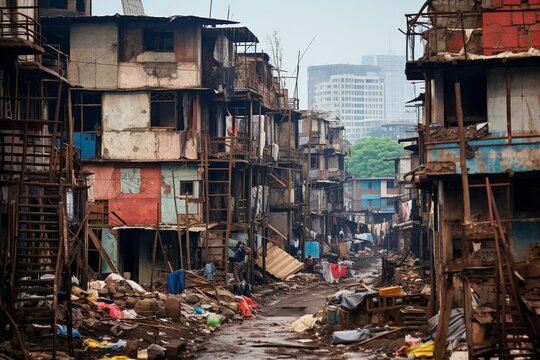 Poorly built structures in Mumbai's slum Dharavi. Generative AI
