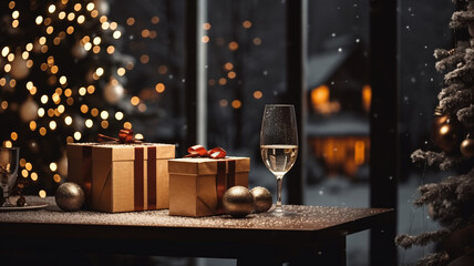 Fototapeta na wymiar Gift box on the table near window, snowfall outside,christmas tree,night,wine glass,christmas decoration