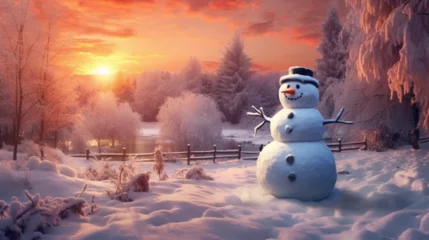 Gardinen A snow-covered landscape with a cheerful snowman , generative ai © Khang Kano