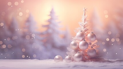 Obraz na płótnie Canvas a christmas tree with white ornaments in a snowy landscape with snow flakes. generative ai