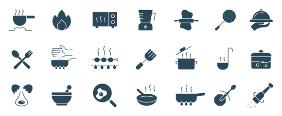 Cooking solid icon set. Kitchen tools boiling, frying, pan, pot, spoon, food and dinner icons vector illustration - obrazy, fototapety, plakaty