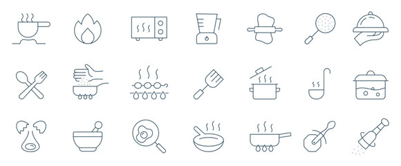 Cooking line icon set. Kitchen tools boiling, frying, pan, pot, spoon, food and dinner icons vector illustration - obrazy, fototapety, plakaty