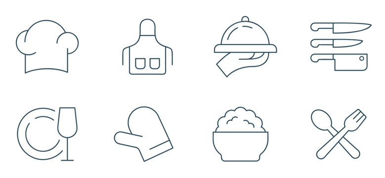 Chef Cooking Line Icon Set. chef instrument, Kitchen apron, knife, chef's hat, beaker, rice symbols vector