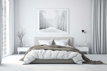 Contemporary white bedroom with empty frame for poster design. Generative AI