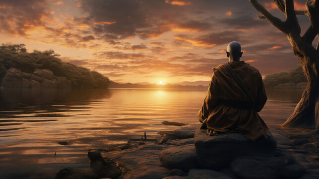 Motion picture of the back of a monk seated by a lake a, generative ai