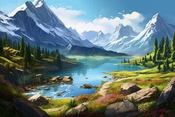 Scenic valley with mountains and a serene lake. Generative AI