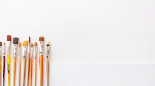 Paint brushes on white background. A row of colorful paint brushes with wooden handles and different types of bristles, arranged on a plain white background. The bristles show various hues, indicating