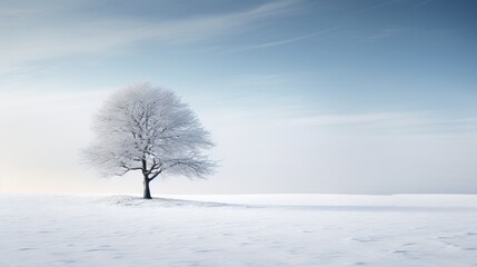  a lone tree stands alone in a snowy field with a blue sky in the background.  generative ai