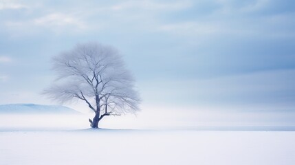  a lone tree stands alone in a snowy field with a mountain in the background.  generative ai