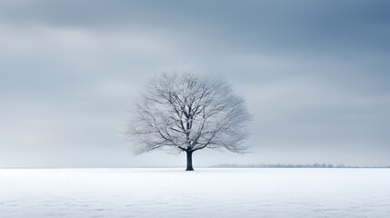  a lone tree stands alone in a snow covered field with a blue sky.  generative ai