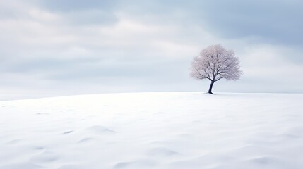 Fototapeta na wymiar a lone tree stands alone in a snowy field with a cloudy sky. generative ai