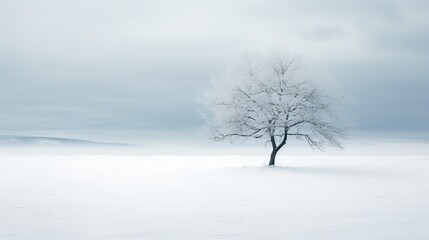  a lone tree stands alone in a snowy field with a mountain in the distance.  generative ai