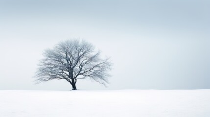  a lone tree stands alone in a snowy field on a foggy day.  generative ai