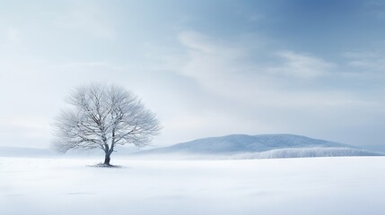 Fototapeta na wymiar a lone tree in a snowy field with mountains in the background. generative ai