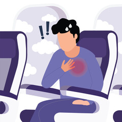 Man  in the airplane suffering from panic attack, fast heartbeat, sweating and trembling.Vector cartoon illustration.