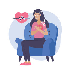 Woman  having panic attack,heartbeat, shortness of breath, trembling and sweating. Cartoon flat vector illustration.