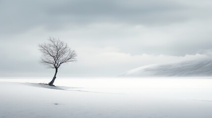  a lone tree stands alone in a snowy landscape with mountains in the background.  generative ai