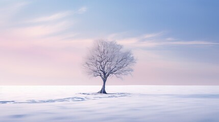  a lone tree stands alone in a snowy landscape with a pink sky.  generative ai