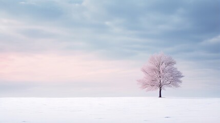  a lone tree stands alone in a snowy field under a cloudy sky.  generative ai