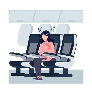 Woman passenger sitting in airplane seat and suffering from panic attack. Vector cartoon illustration.