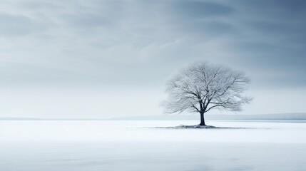 Fototapeta na wymiar a lone tree stands alone in the middle of a snowy field. generative ai